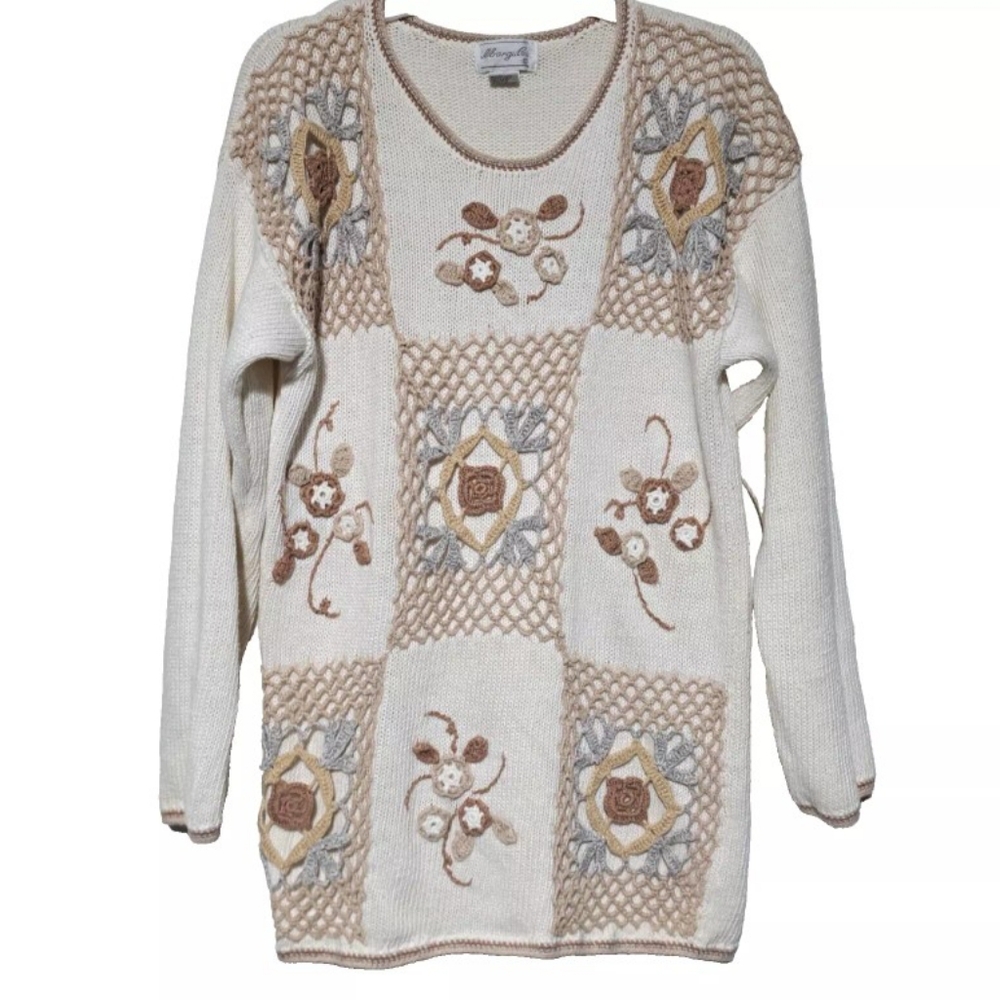 Margules Hand Knit Front crochet Pullover Sweater size L VINTAGE Ramie/cotton